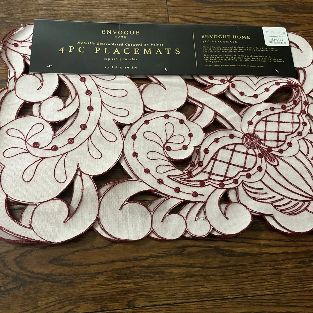 Envogue Home Set Of 4 Placemats Embroidered Cutouts Red Swirls Oeko Tex